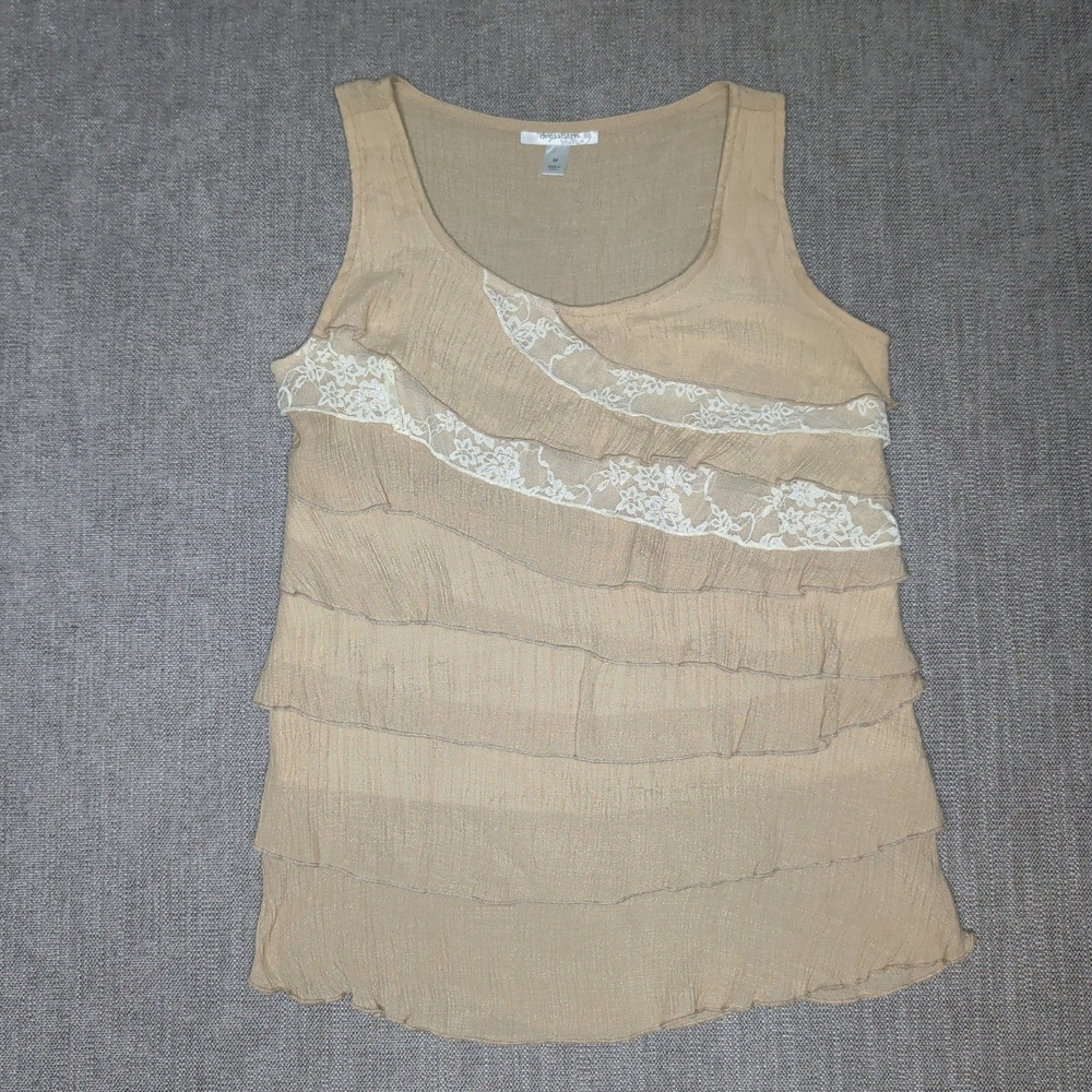 Dressbarn Tan Tiered Ruffle Tank Top with Lace Trim Size M Sleeveless Boho